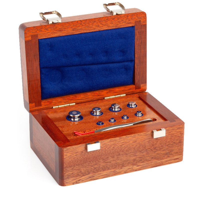 F1 Mass Standard - Knob Weights With Adjustment Chamber, Set (1 g - 50 g), Wooden Box