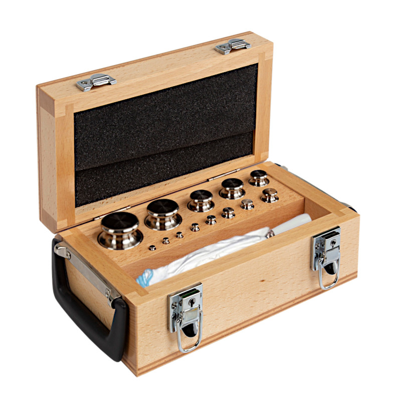F2 Mass Standard - Knob Weights With Adjustment Chamber, Set (1 g - 1 kg), Wooden Box